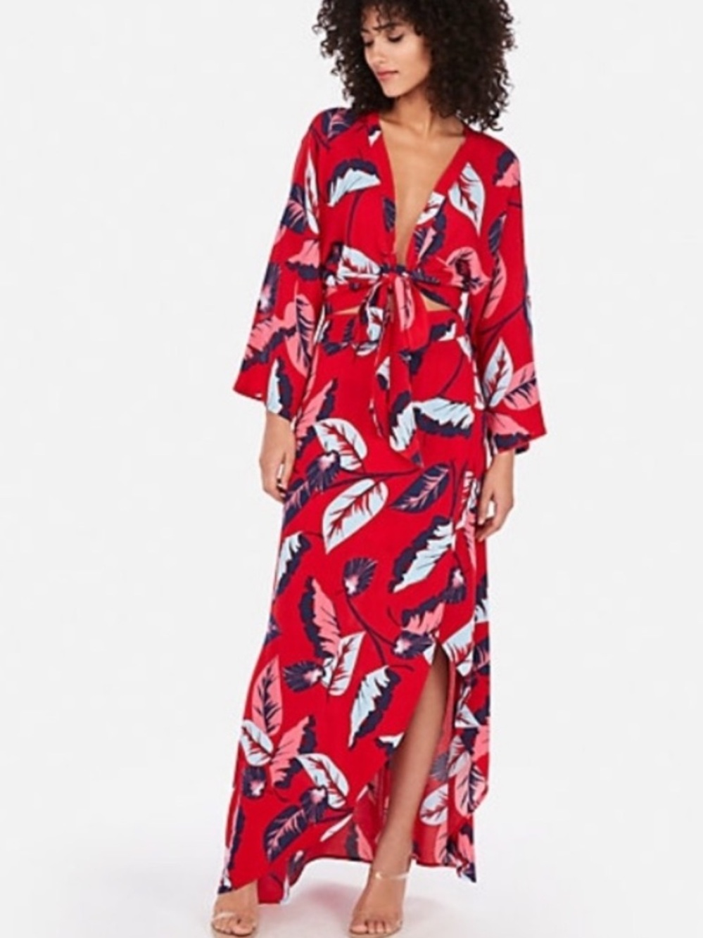Express Red Tropical Leaf Tie-Front skirt set with Blue and Pink Leaves